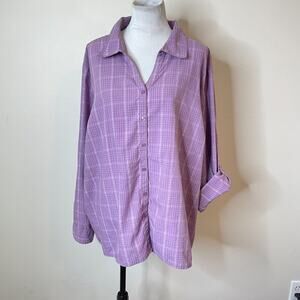 Essentials by Maggie V-Neck Button Down Shirt Size 30/32W Purple Tab Sleeves